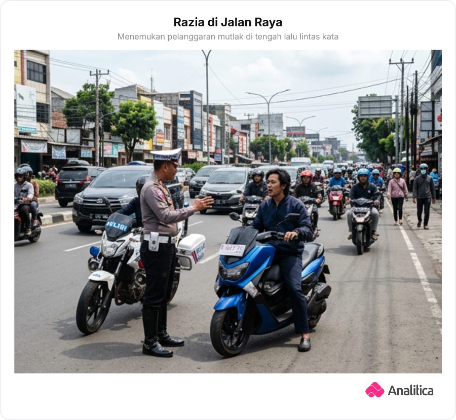 Ilustrasi polisi lalu lintas sedang menilang pengendara motor tanpa helm di tengah jalan raya yang ramai.