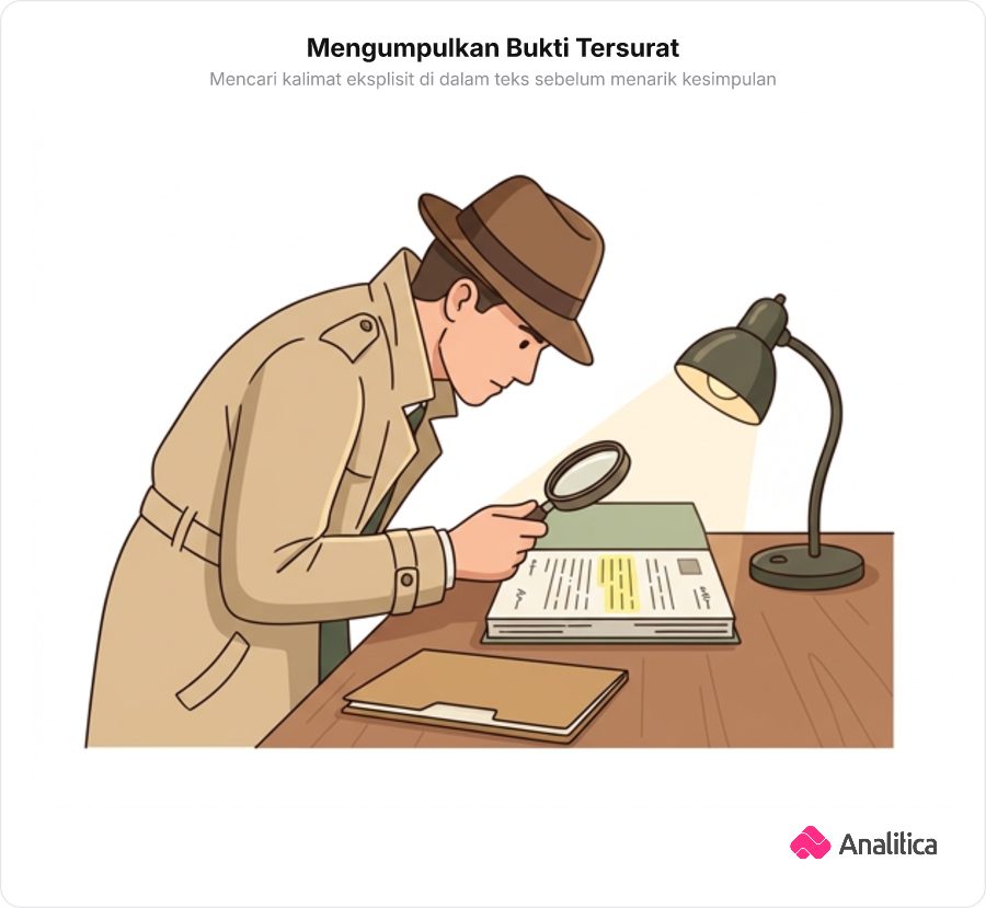 Ilustrasi seorang detektif yang meneliti dokumen bukti menggunakan kaca pembesar.