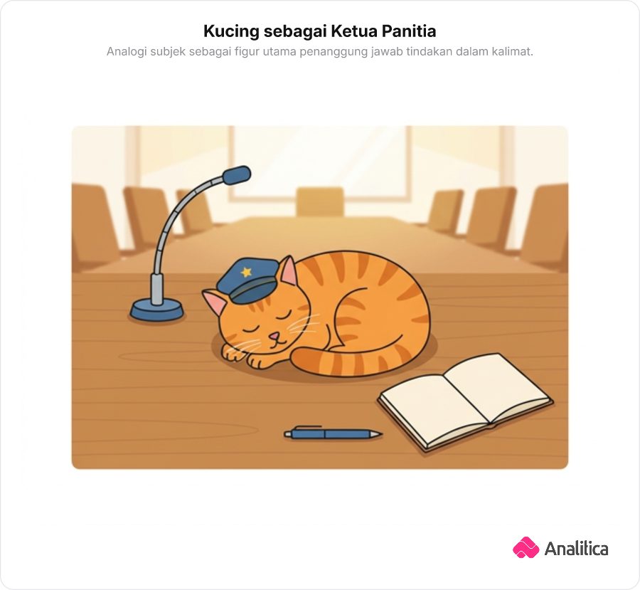 Seekor kucing memakai topi ketua panitia yang tertidur di atas meja rapat kepanitiaan.