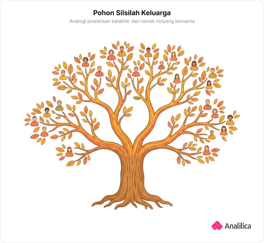 Pohon keluarga besar bercabang yang mengilustrasikan pewarisan sifat dari kakek buyut ke keturunannya