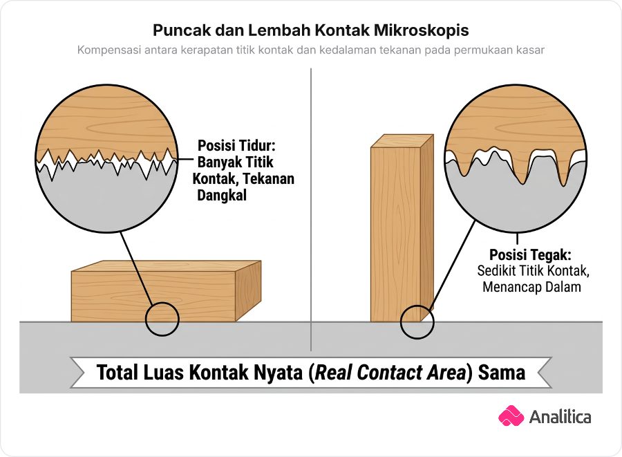 Ilustrasi split-screen perbandingan mikroskopis kontak balok tidur dan balok tegak di atas permukaan lantai.