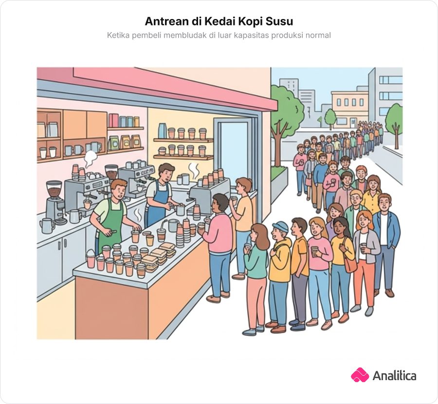 Antrean panjang pembeli di depan kedai kopi susu kekinian yang kewalahan melayani pesanan.