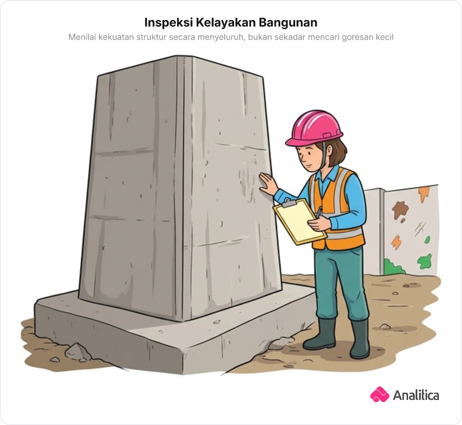 Ilustrasi seorang inspektur bangunan berseragam sedang memeriksa fondasi pilar beton yang kokoh dengan papan checklist