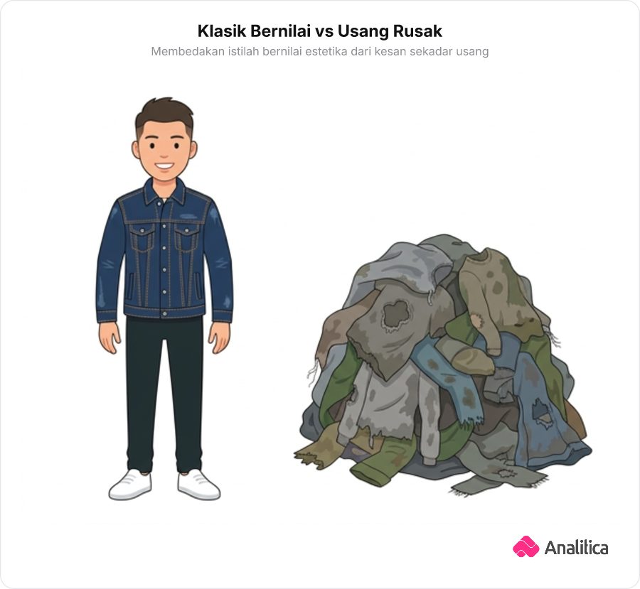 Seorang anak muda mengenakan jaket jins vintage yang keren berdiri di samping tumpukan pakaian rombeng yang usang