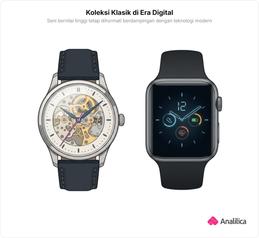 Jam tangan mekanik klasik elegan berdampingan dengan jam tangan pintar digital modern