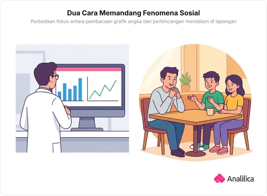 Ilustrasi perbandingan dua sisi antara peneliti menganalisis data statistik di layar dan peneliti mengobrol santai dengan remaja di kafe.