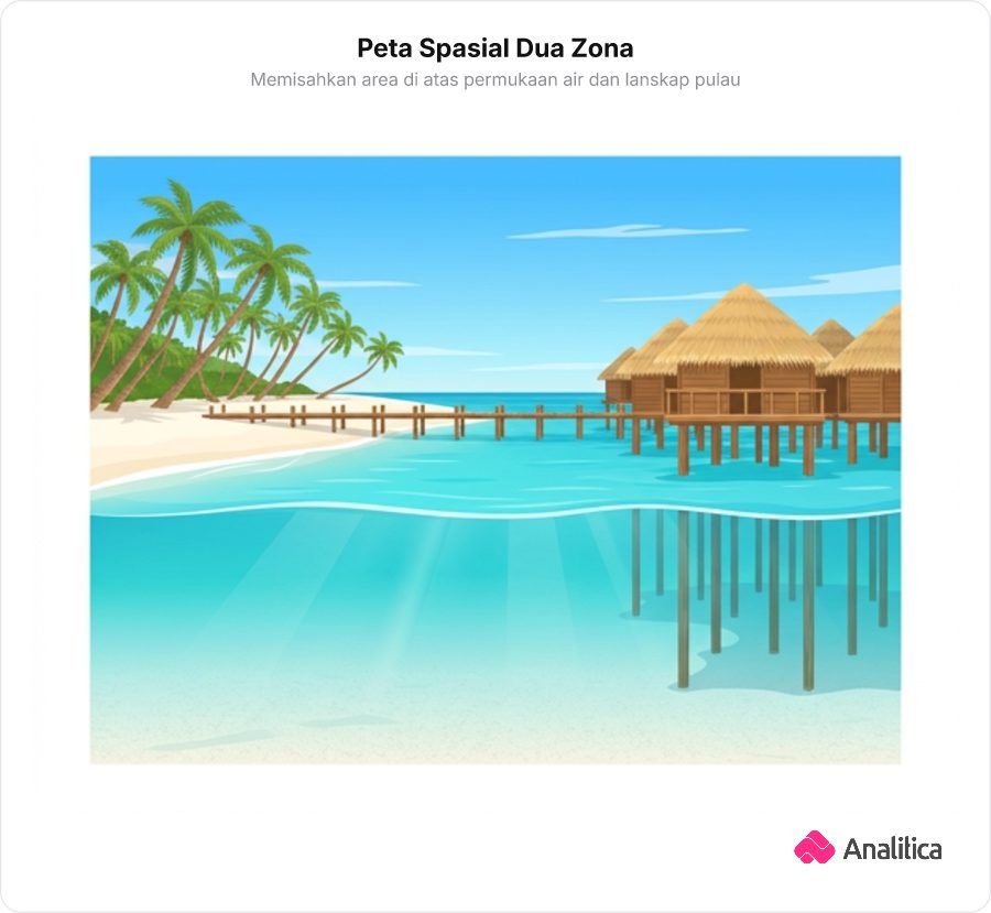 Ilustrasi pemandangan tropis terbagi dua secara horizontal, memperlihatkan pantai berpasir putih dan pondok di atas tiang pada bagian atas, serta perairan jernih di bagian bawah.