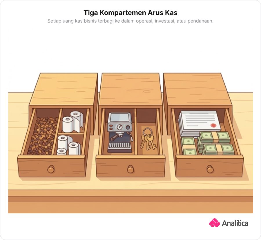 Ilustrasi tiga laci kasir brankas yang mewakili tiga kategori laporan arus kas: operasi, investasi, dan pendanaan.