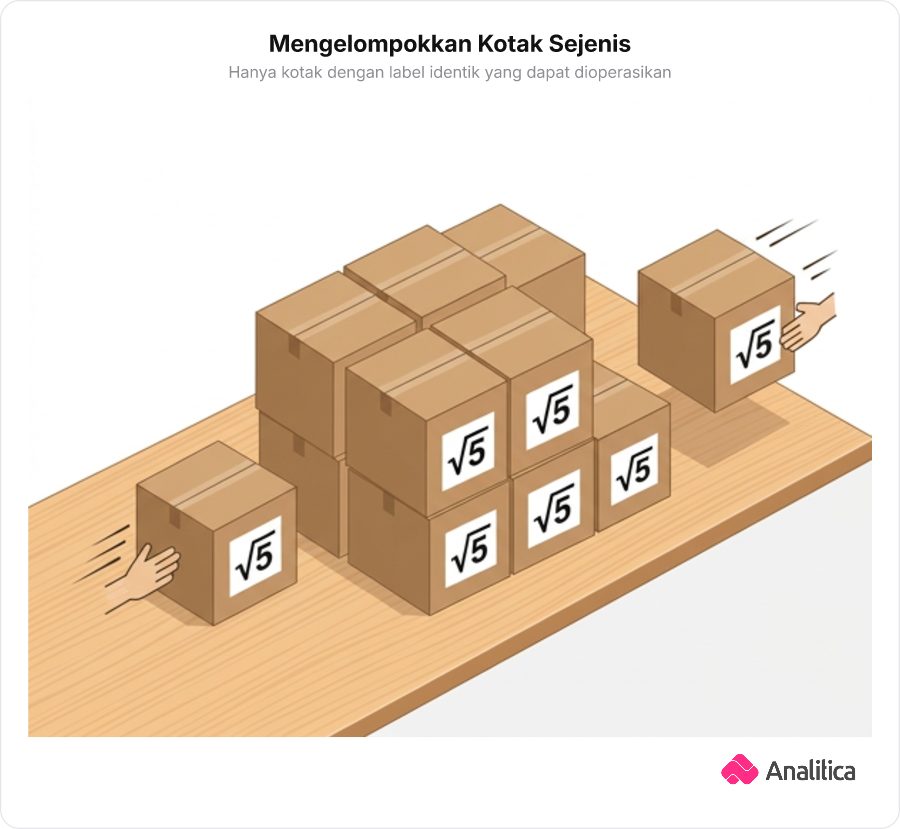 Ilustrasi deretan kotak kardus berperekat label identik yang sedang dijumlahkan dan dikurangkan.