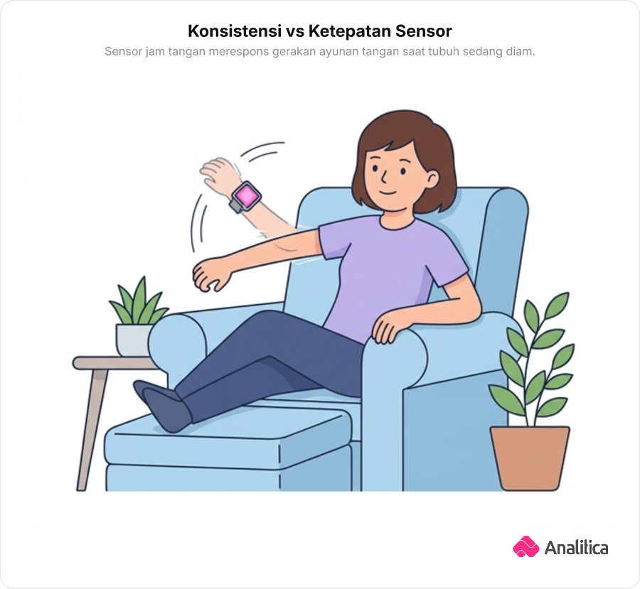 Seseorang duduk di kursi sambil mengayunkan tangan yang memakai jam tangan pintar.