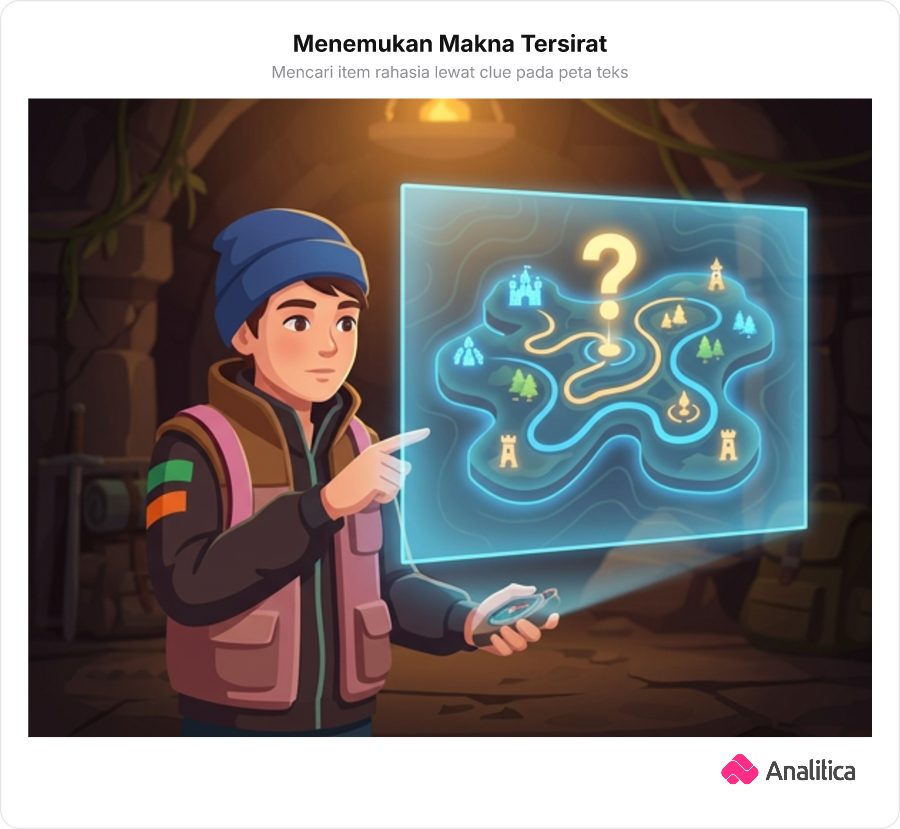 Karakter gamer menatap peta virtual hologram mencari item rahasia