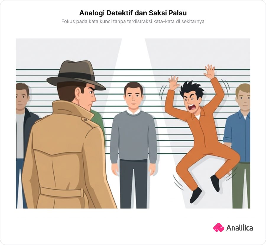 Ilustrasi seorang detektif yang fokus mengamati tersangka utama di barisan pengenalan, mengabaikan orang di sebelahnya yang berisik membuat kegaduhan pengalih perhatian.