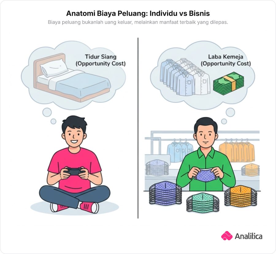 Komik perbandingan trade-off waktu luang seseorang dengan keputusan bisnis pabrik garmen