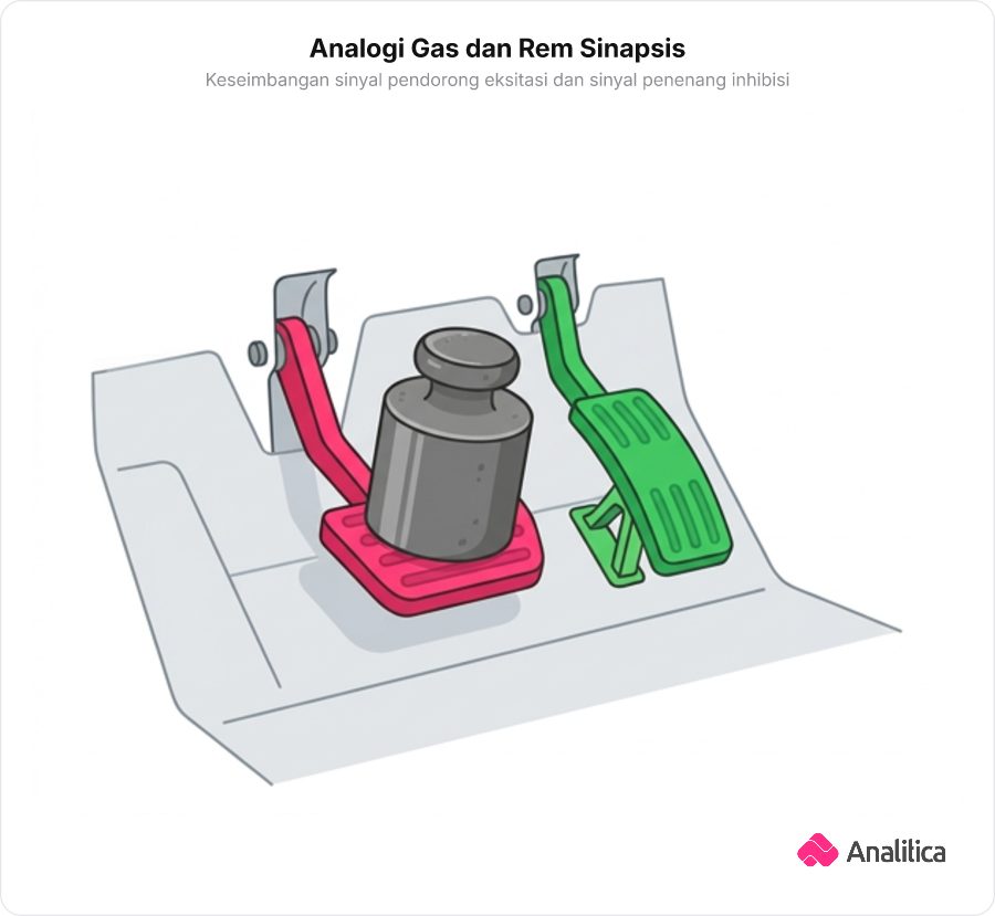 Ilustrasi analogi pedal gas hijau dan pedal rem merah pada kendaraan yang ditekan beban