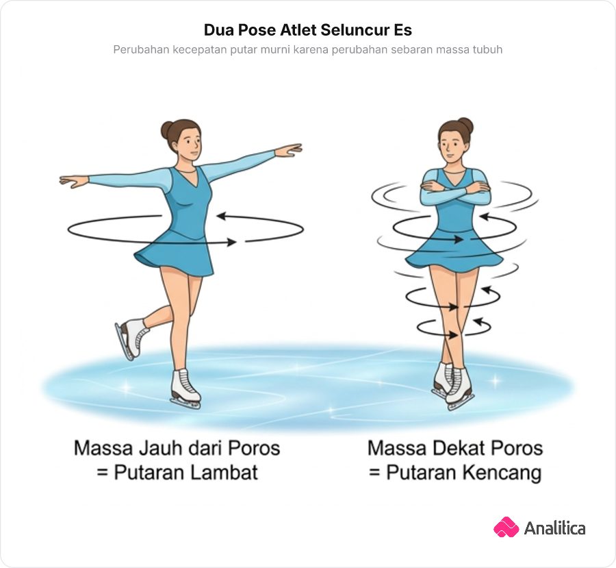 Ilustrasi atlet seluncur es dalam dua pose: tangan terentang dengan putaran lambat dan tangan terlipat rapat dengan putaran sangat cepat