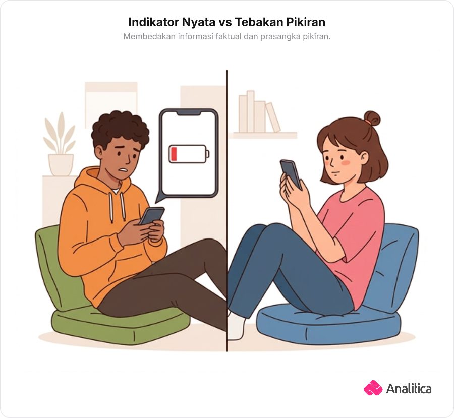 Dua remaja memegang ponsel di tempat berbeda dengan salah satu layar menampilkan indikator baterai merah kritis 1 persen.