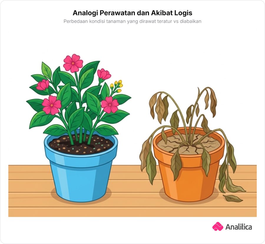 Ilustrasi perbandingan dua pot tanaman: satu disiram teratur dan tumbuh subur, satu lagi kering dan layu.