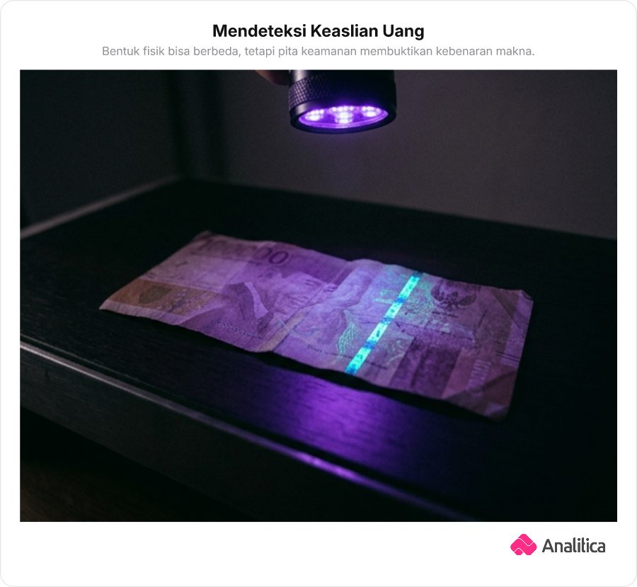 Selembar uang kertas sedikit lecek disinari lampu UV yang memperlihatkan pita keamanan bercahaya terang.