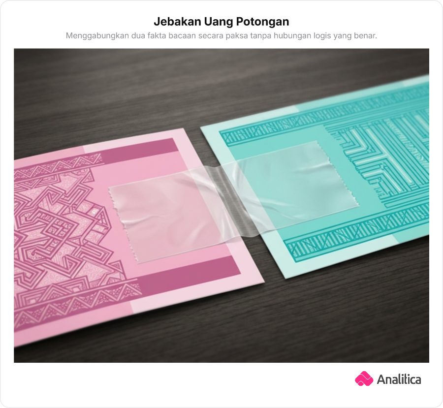 Dua potongan pecahan uang kertas berbeda warna disambung secara paksa dengan selotip di tengahnya.