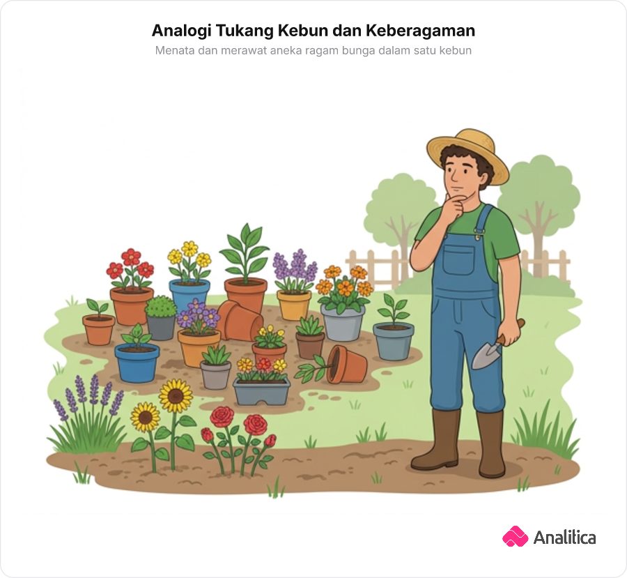 Ilustrasi seorang tukang kebun memegang sekop sedang memikirkan cara menata taman bunga yang beragam.