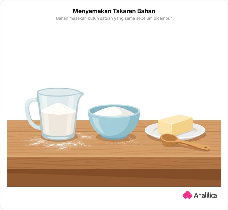 Tiga wadah bahan masakan di atas meja dapur dengan satuan takaran berbeda tanpa teks.