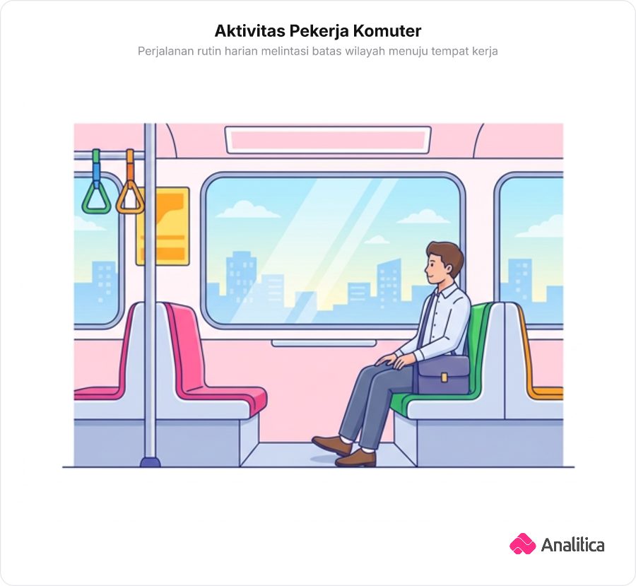 Ilustrasi seseorang duduk di dalam kereta komuter kota sembari memandang ke luar jendela dalam perjalanan harian.