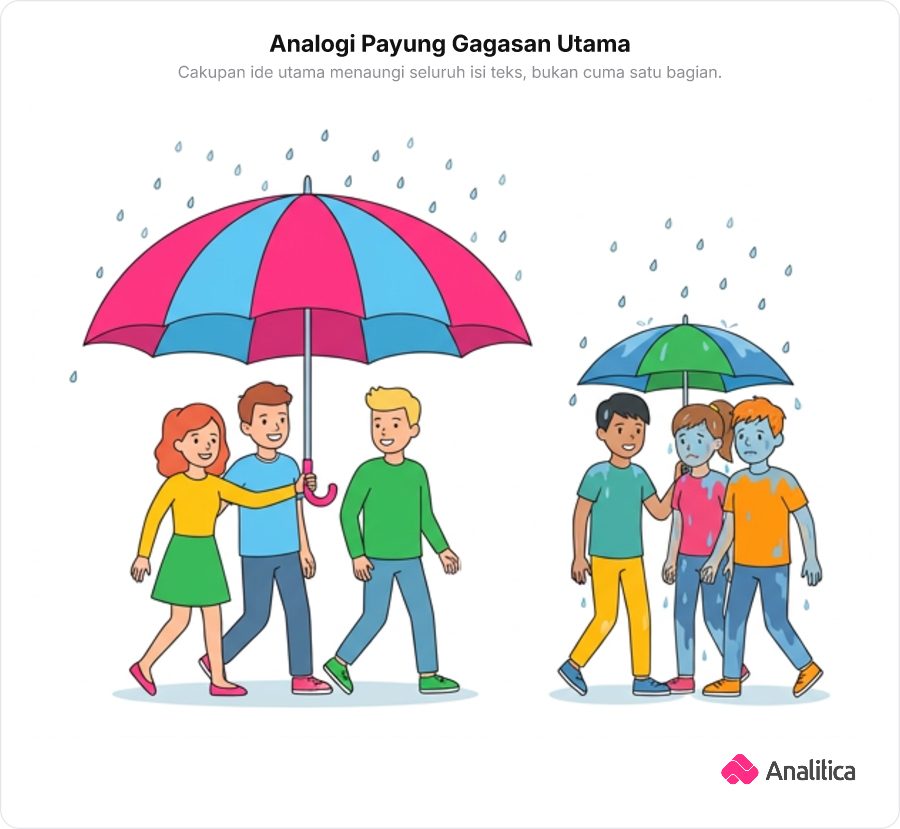 Ilustrasi analogi sebuah payung besar yang menaungi tiga orang bersamaan dari hujan di samping payung kecil yang hanya menaungi satu orang.