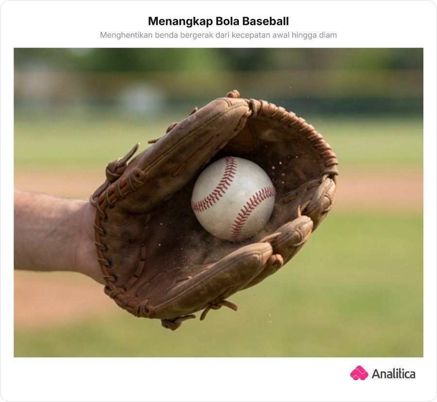 Tangan mengenakan sarung tangan kulit tebal menangkap bola baseball yang meluncur kencang hingga berhenti diam.