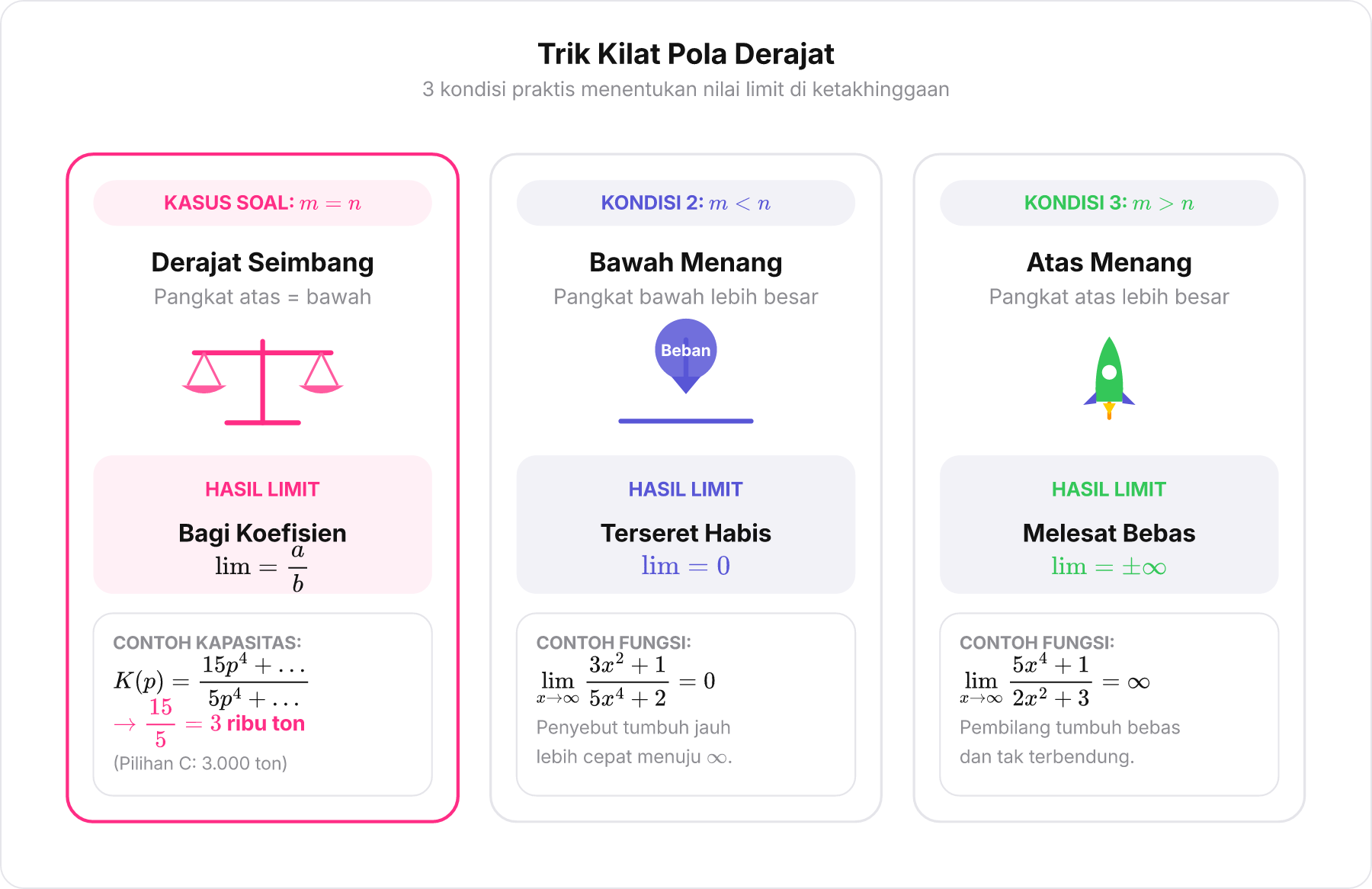 Infografik perbandingan tiga kondisi derajat pangkat pada limit fungsi rasional menuju tak hingga.