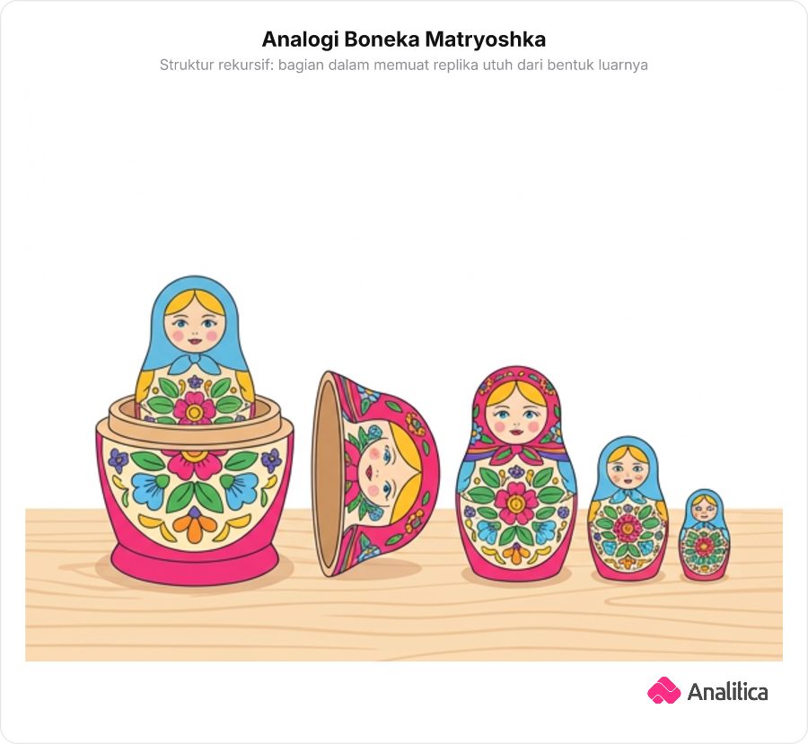 Ilustrasi boneka Matryoshka Rusia yang saling bersarang untuk mengilustrasikan konsep rekursif.
