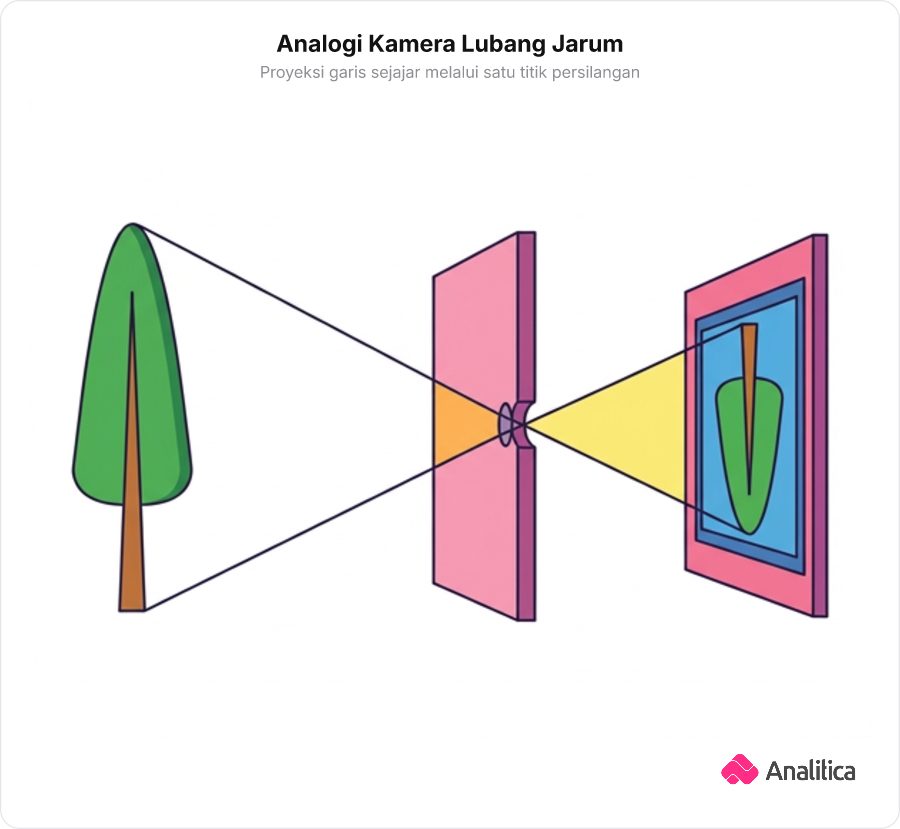 Ilustrasi sketsa kamera lubang jarum memproyeksikan objek pohon ke layar sensor