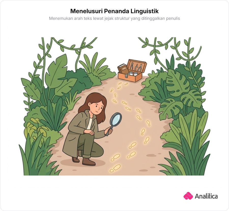 Ilustrasi bergaya detektif yang menelusuri jejak kaki bercahaya di sebuah jalan setapak penuh tanaman rambat untuk mengungkap arah teks