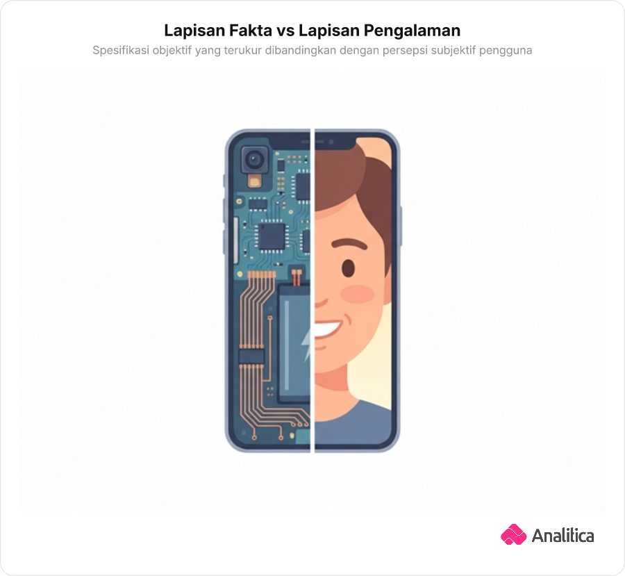 Ilustrasi perbandingan dua sisi gawai antara komponen sirkuit keras dan pengalaman subjektif pengguna