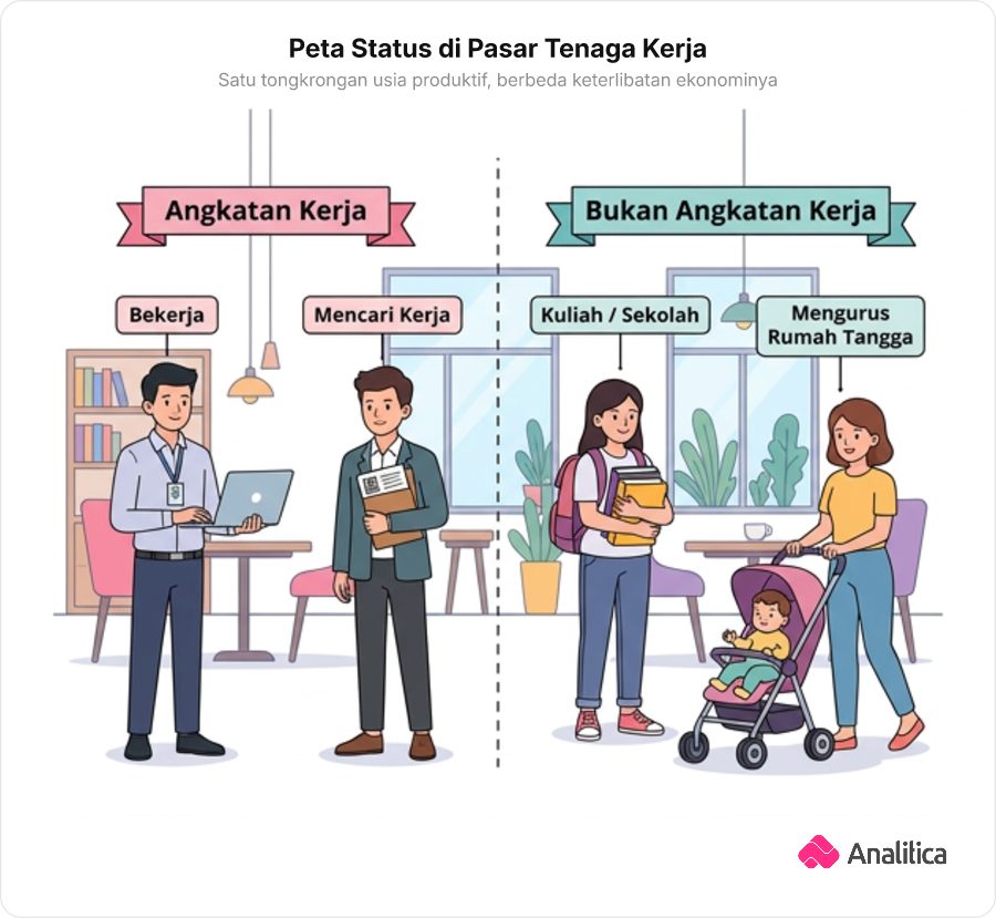 Ilustrasi sekelompok anak muda usia 20-an di kafe dengan pemisahan status angkatan kerja dan bukan angkatan kerja