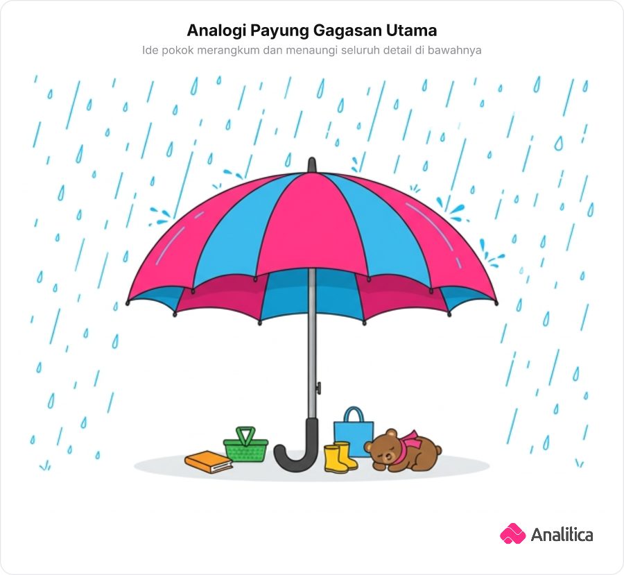 Ilustrasi sebuah payung besar yang terbuka lebar dan menaungi berbagai benda kecil di bawahnya dari guyuran air hujan secara utuh.