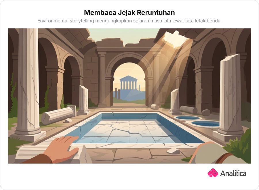 Perspektif first-person melihat reruntuhan pemandian kuno Romawi berlantai marmer dengan pilar kuil di kejauhan.