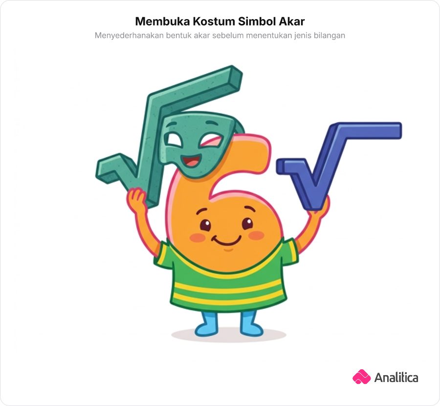 Ilustrasi figur angka 6 yang sedang membuka topeng berbentuk simbol akar kuadrat sembilan