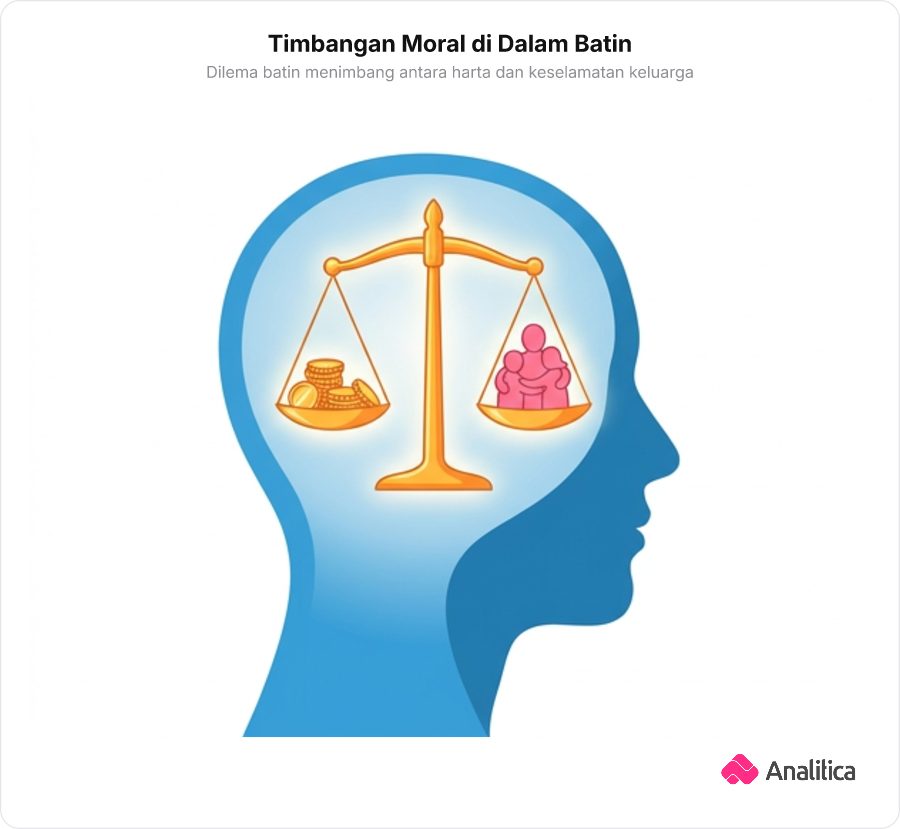Siluet kepala manusia dengan timbangan bersinar di dalam pikiran yang menimbang tumpukan emas melawan keselamatan keluarga