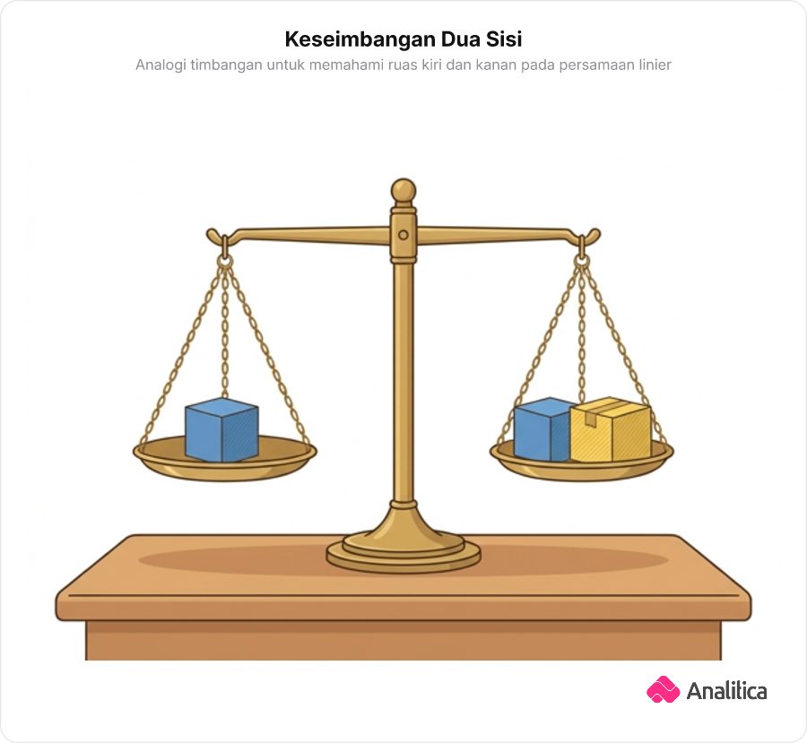 Ilustrasi analogi timbangan dua lengan yang menunjukkan keseimbangan aljabar.