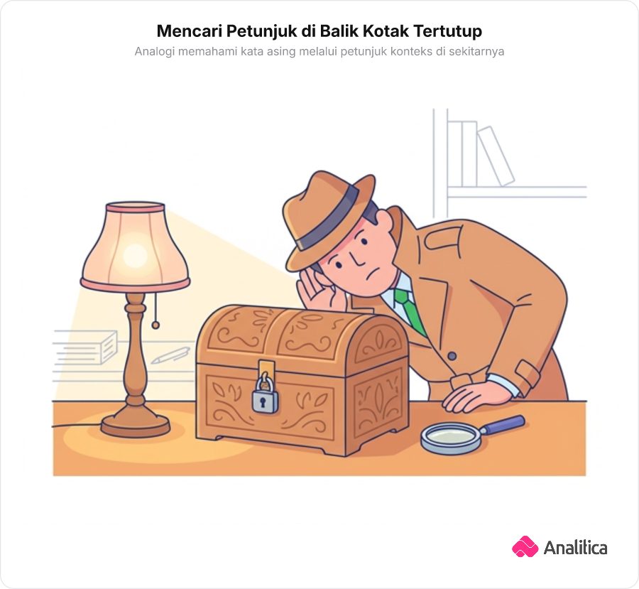 Ilustrasi seorang detektif yang sedang memeriksa dan mendengarkan petunjuk dari kotak kayu tertutup.