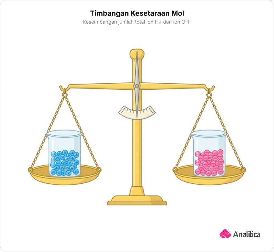Ilustrasi timbangan dacin klasik yang setimbang antara ion H+ asam dan ion OH- basa