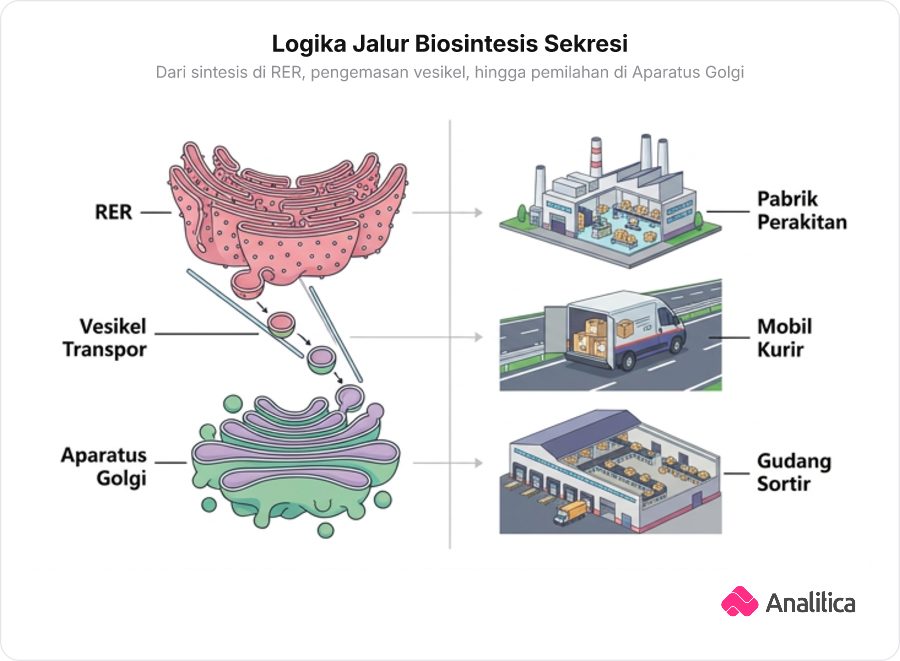 Ilustrasi komparasi analogi kota industri logistik dengan organel sel: RER sebagai pabrik perakitan, vesikel sebagai paket kurir, dan aparatus Golgi sebagai gudang sortir pusat.