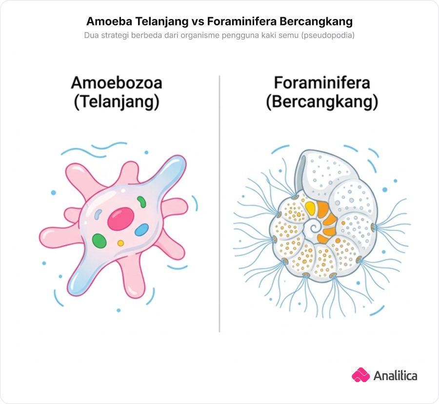 Ilustrasi perbandingan dua jenis amuba: satu amuba lentur telanjang di sebelah amuba yang memakai cangkang kapur berpori seperti benteng pelindung