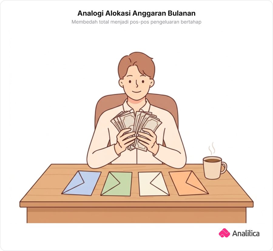 Ilustrasi seseorang memegang segepok uang gajian dengan beberapa amplop anggaran di depannya.