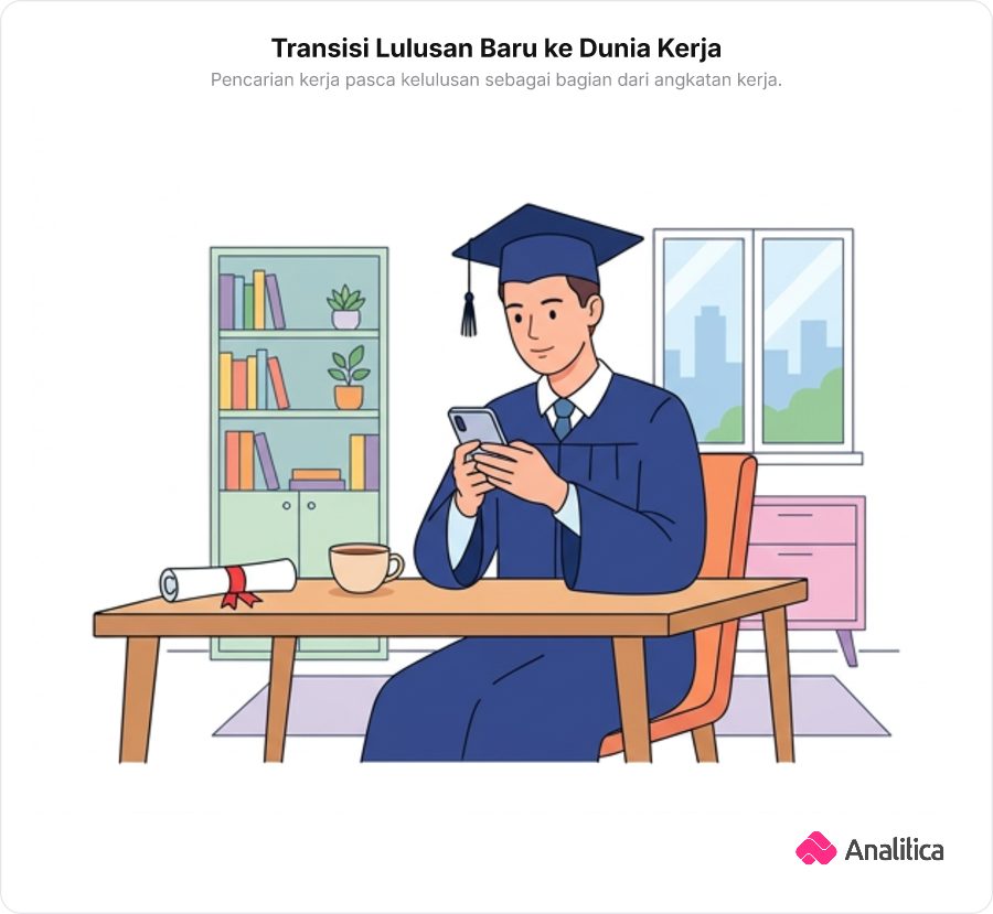 Ilustrasi fresh graduate memakai toga sedang memeriksa lowongan kerja di ponsel pintar.