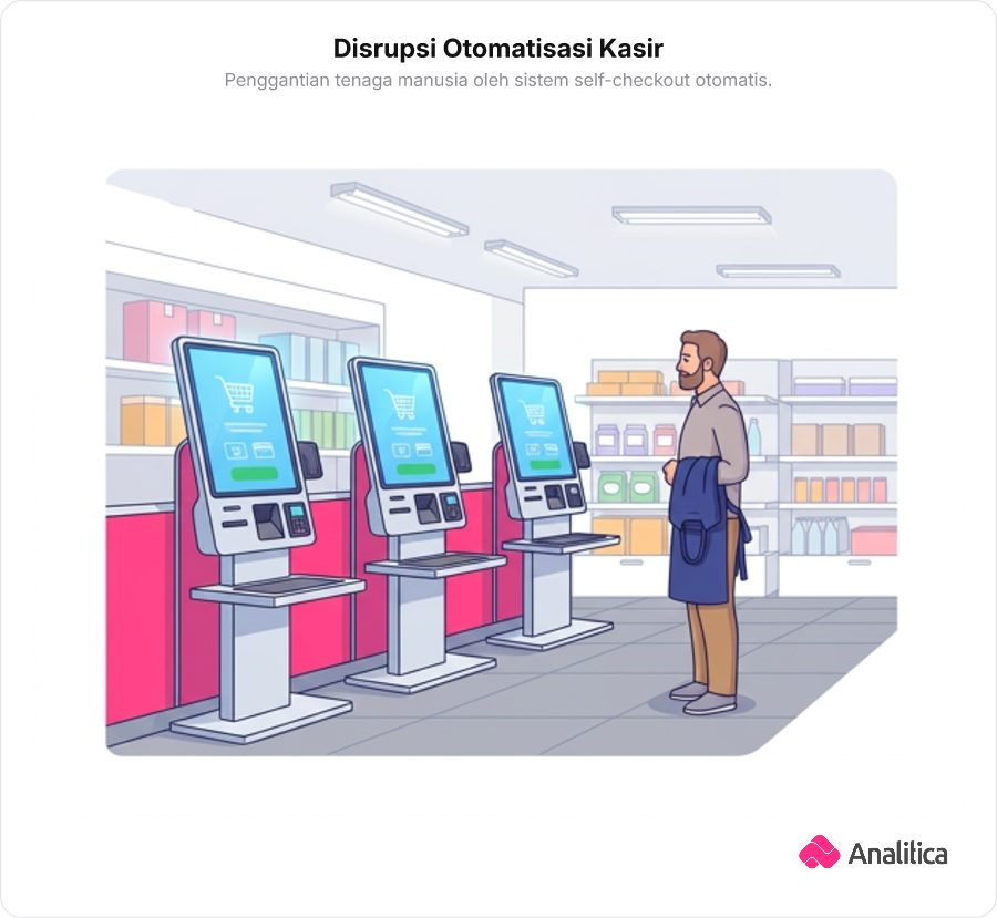 Ilustrasi mantan kasir mengamati mesin self-checkout otomatis di toko ritel modern.
