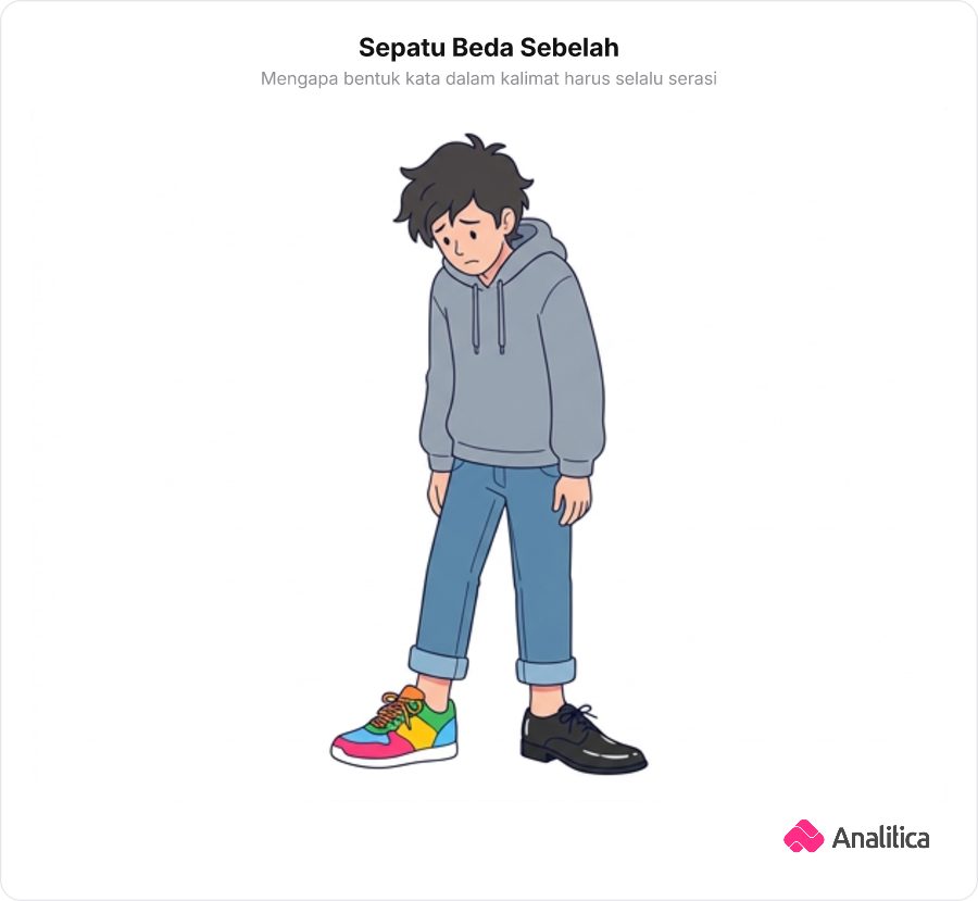 Ilustrasi seseorang memakai dua jenis sepatu berbeda di kaki kiri dan kanan