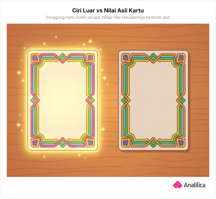 Dua kartu permainan berdampingan dengan punggung bermotif sama, satu memancarkan cahaya keemasan kartu rare dan satu tampak kusam biasa tanpa tulisan teks
