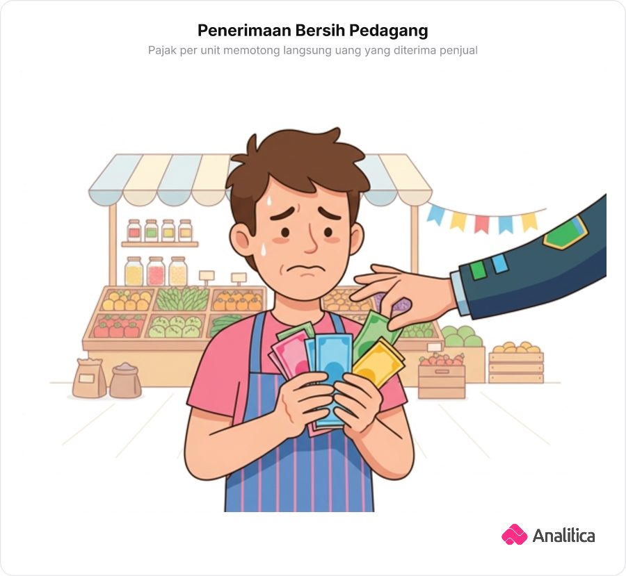 Ilustrasi pedagang memegang uang hasil jualan lalu sebagian diambil petugas berseragam sebagai pajak