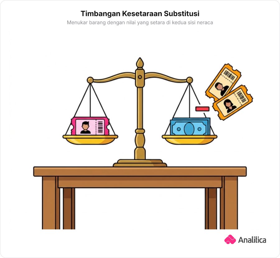 Ilustrasi analogi timbangan neraca yang menunjukkan kesetaraan penukaran barang untuk konsep substitusi.